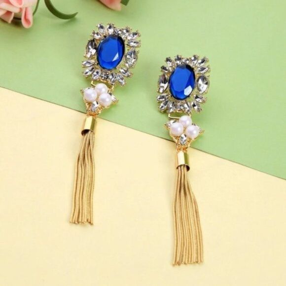 Blue Rhinestone Crystal Pearl Tassel Fringe Gold Clip On Statement Earrings - Picture 13 of 13